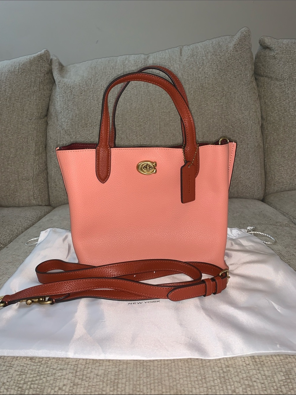 Coach coral Pebbled Leather Tote with Brown Trim